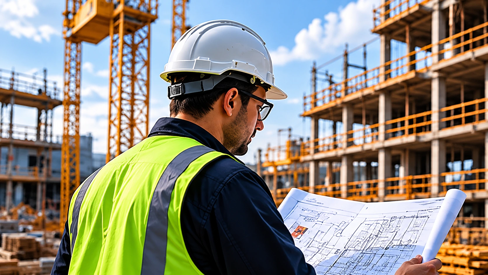 Engenheiro civil com capacete examinando projetos em canteiro de obras