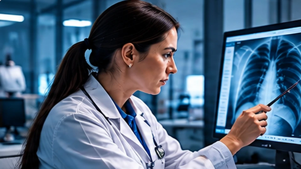 Médica perita analisando radiografia em estação de trabalho