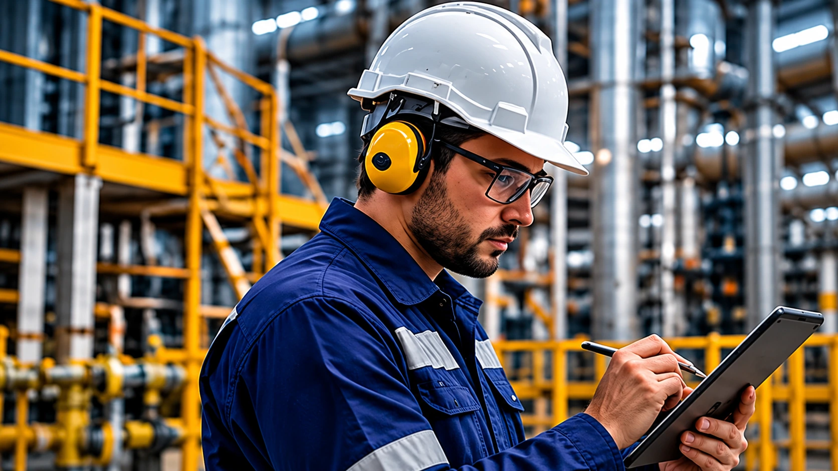 Engenheiro de segurança com protetor auricular registrando inspeção industrial